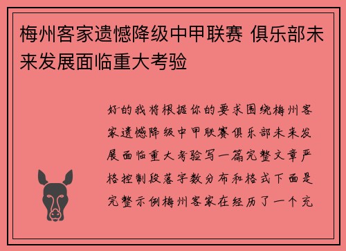 梅州客家遗憾降级中甲联赛 俱乐部未来发展面临重大考验 梅州客家遗憾降级中甲联赛 俱乐部未来发展面临重大考验